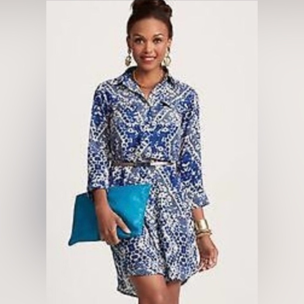 Cabi Blue & White Printed Shirt Dress - Size Small